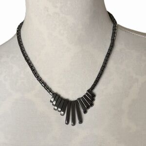 Hematite Bar Fringe Necklace – Gunmetal Gray Geometric Statement Necklace